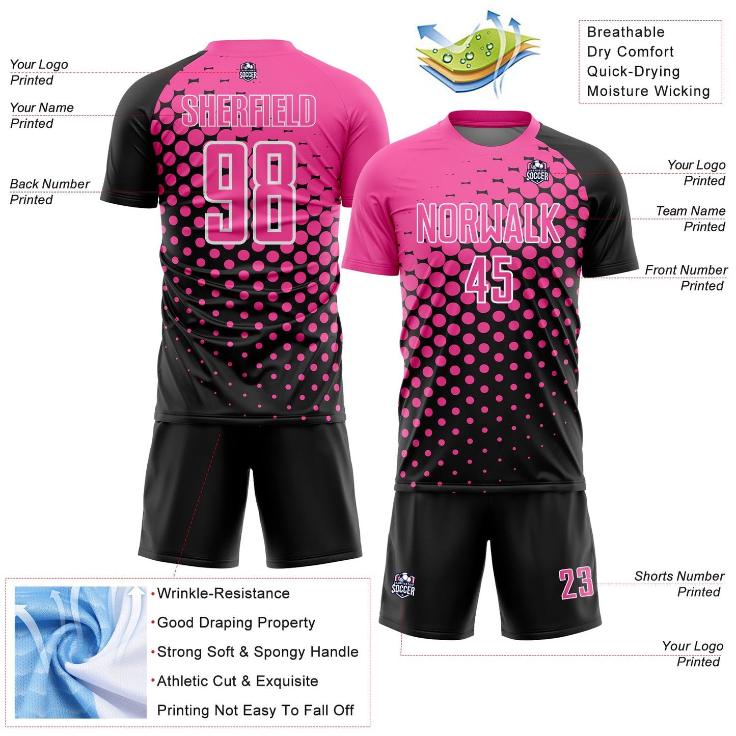 Custom Black Pink-White Modern Polka Dot Sublimation Soccer Uniform Jersey view 4