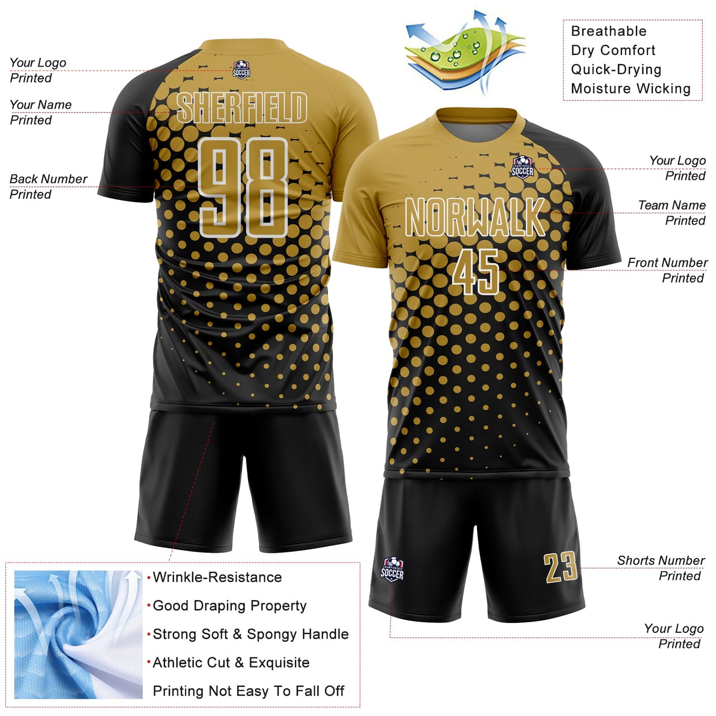 Custom Black Old Gold-White Modern Polka Dot Sublimation Soccer Uniform Jersey view 4