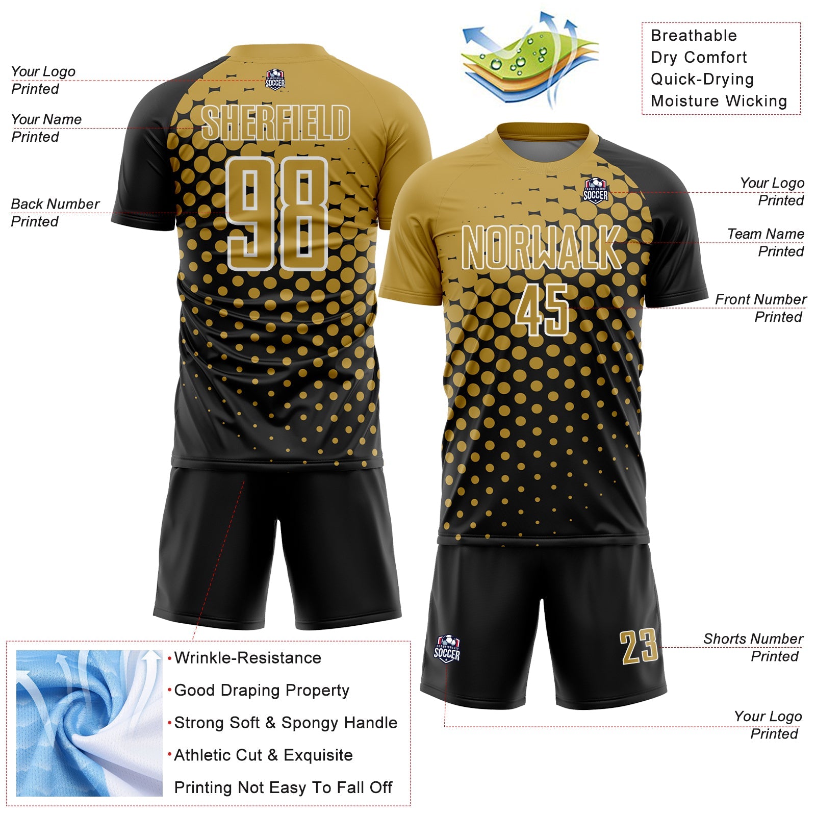 Custom Black Old Gold-White Modern Polka Dot Sublimation Soccer Uniform Jersey view 4