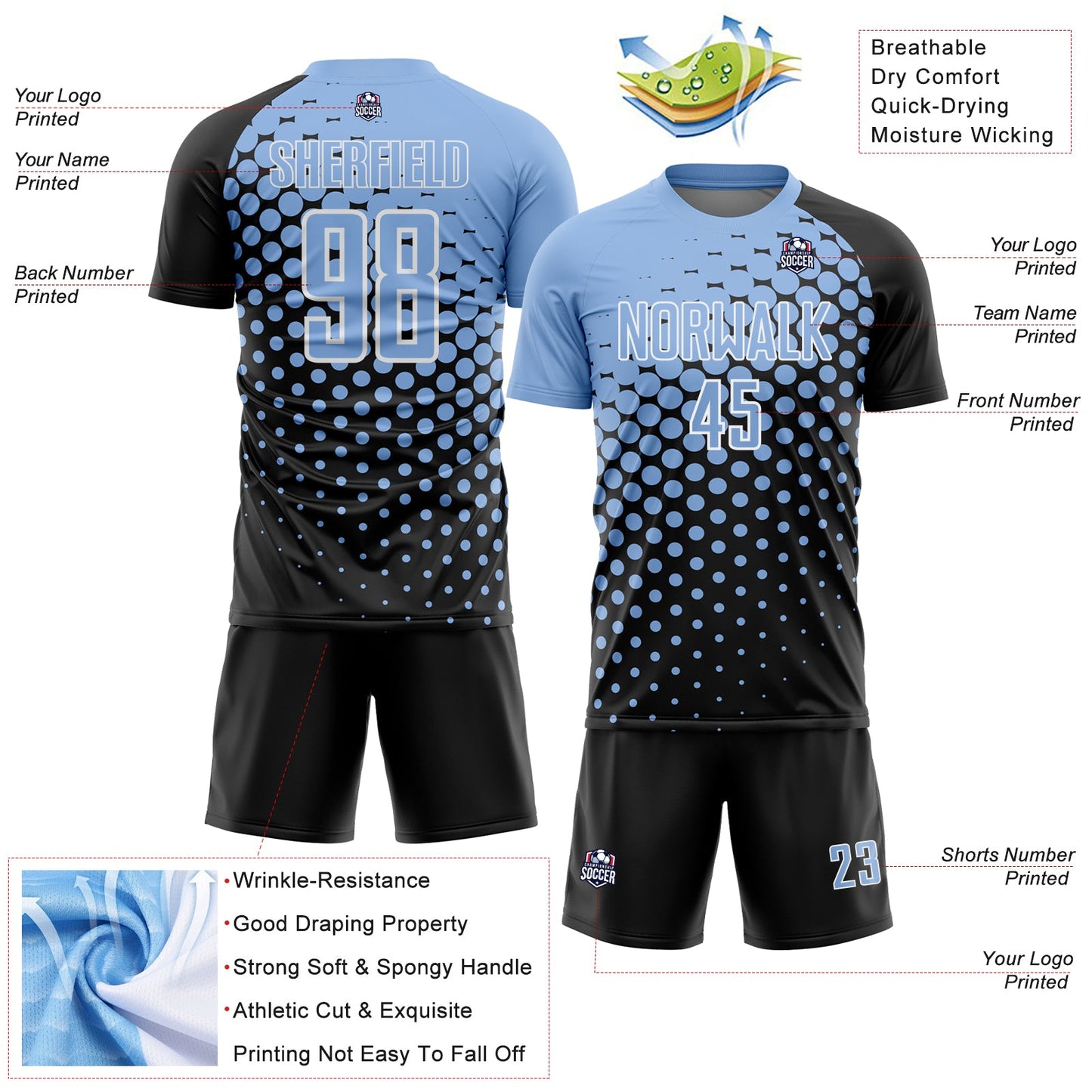 Custom Black Light Blue-White Modern Polka Dot Sublimation Soccer Uniform Jersey view 4