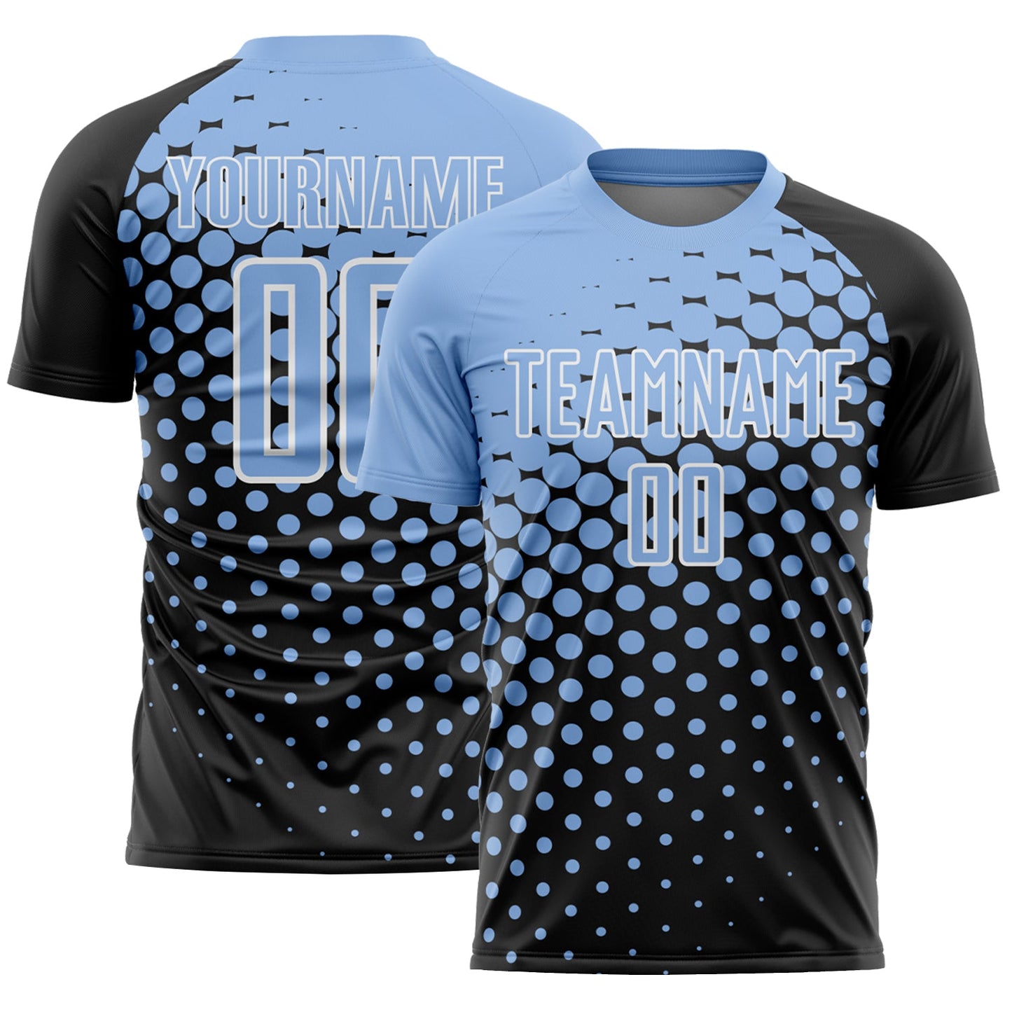 Custom Black Light Blue-White Modern Polka Dot Sublimation Soccer Uniform Jersey - Main View