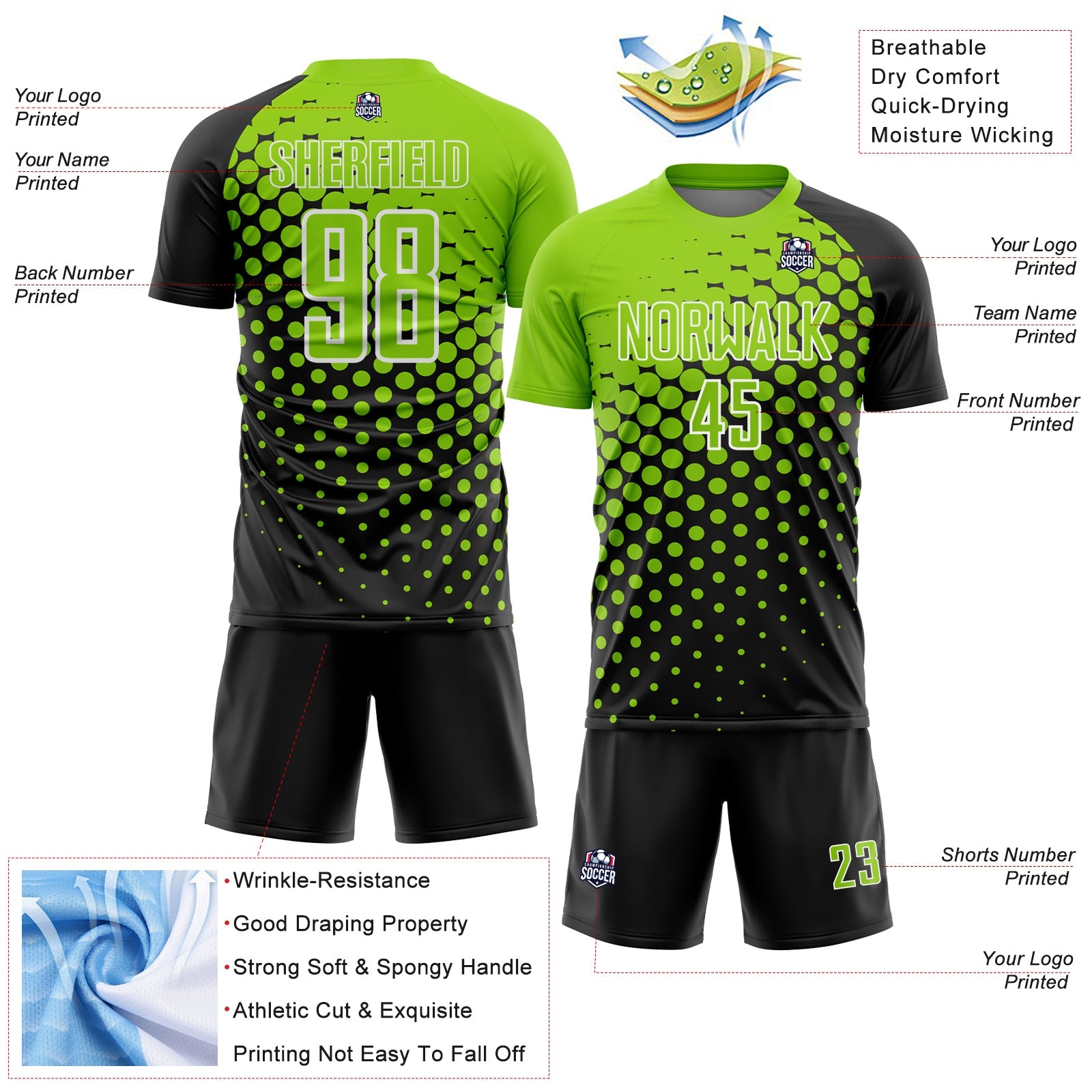 Custom Black Neon Green-White Modern Polka Dot Sublimation Soccer Uniform Jersey view 4