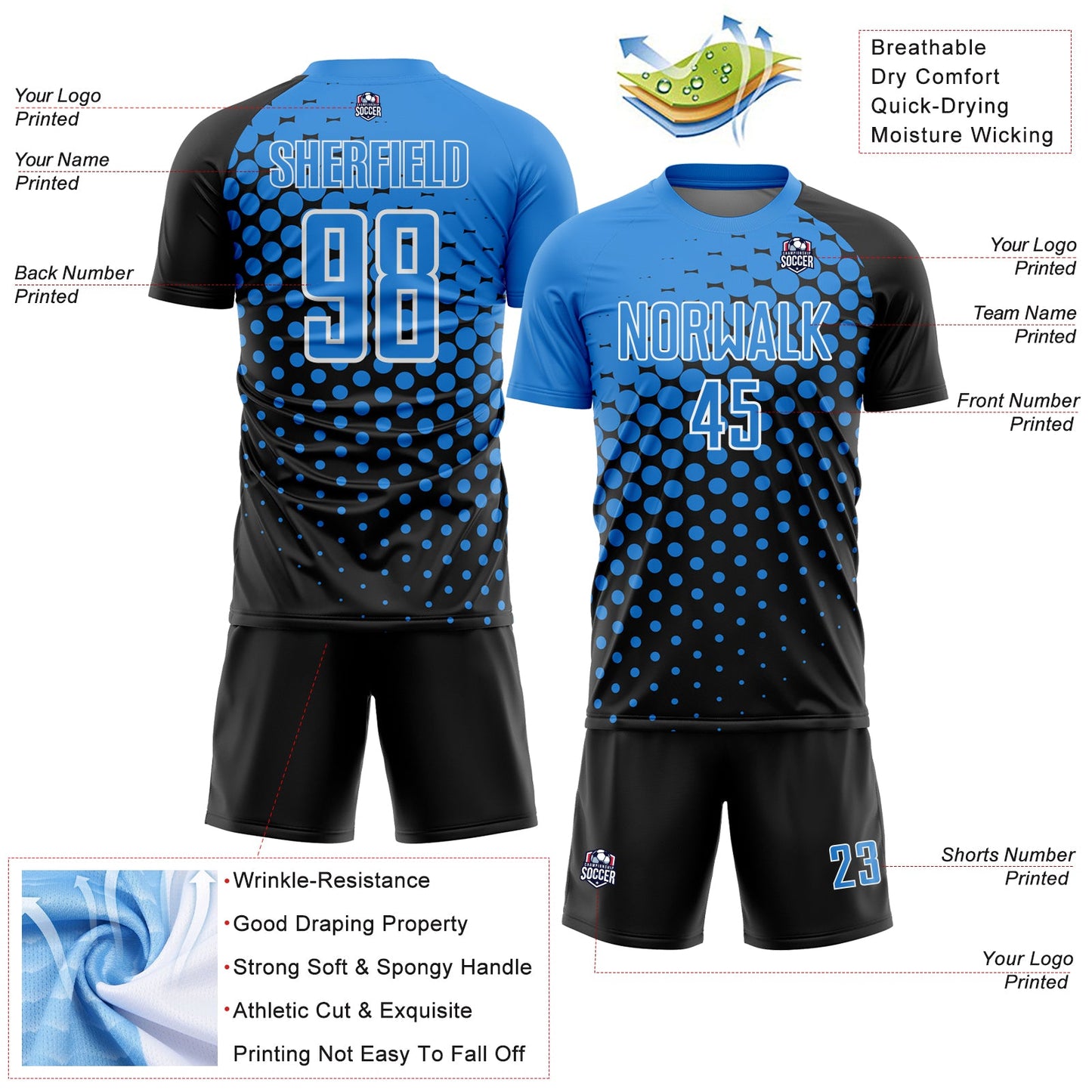 Custom Black Powder Blue-White Modern Polka Dot Sublimation Soccer Uniform Jersey view 4