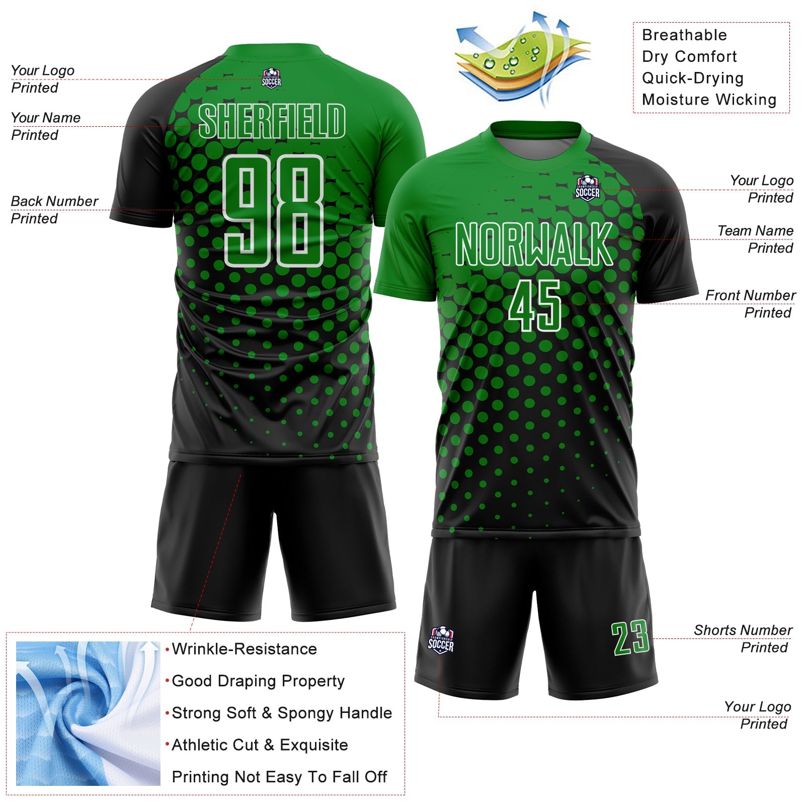 Custom Black Grass Green-White Modern Polka Dot Sublimation Soccer Uniform Jersey view 4