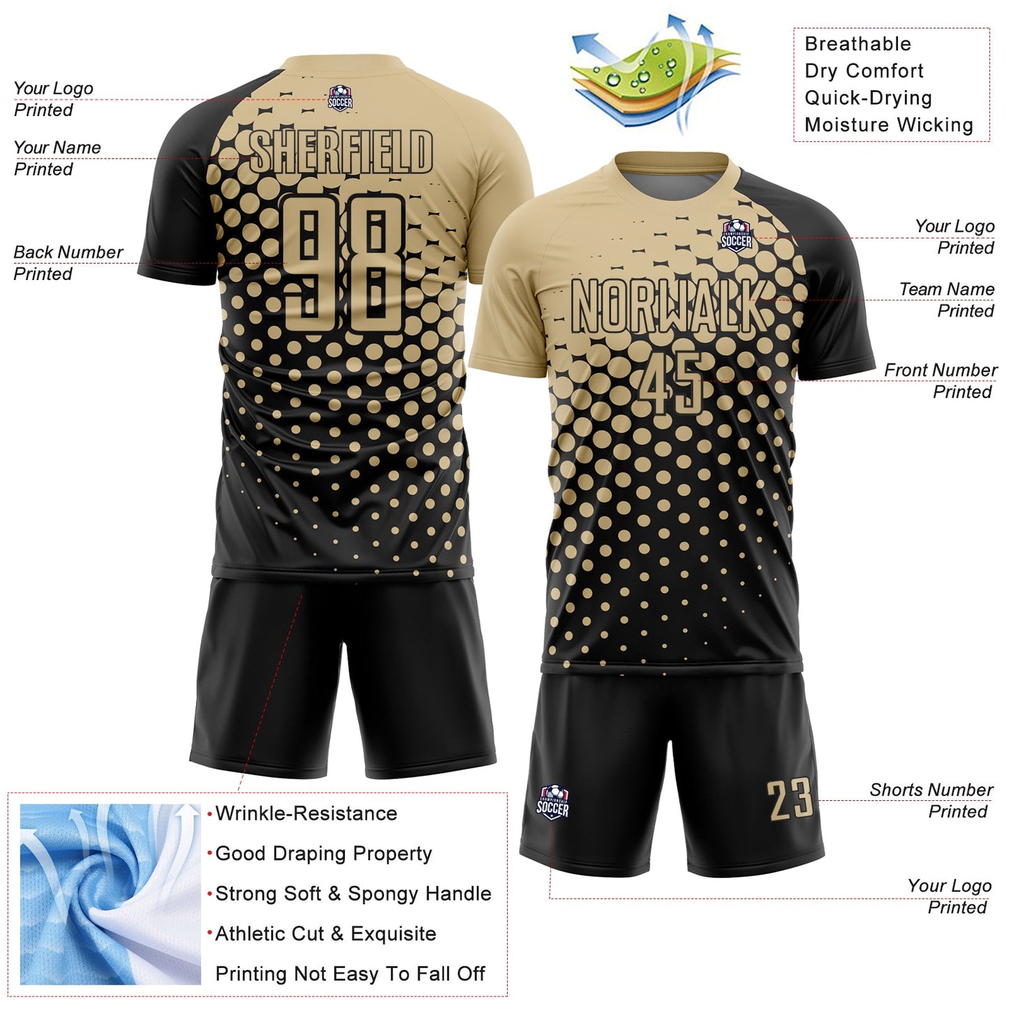 Custom Black Vegas Gold Modern Polka Dot Sublimation Soccer Uniform Jersey view 4