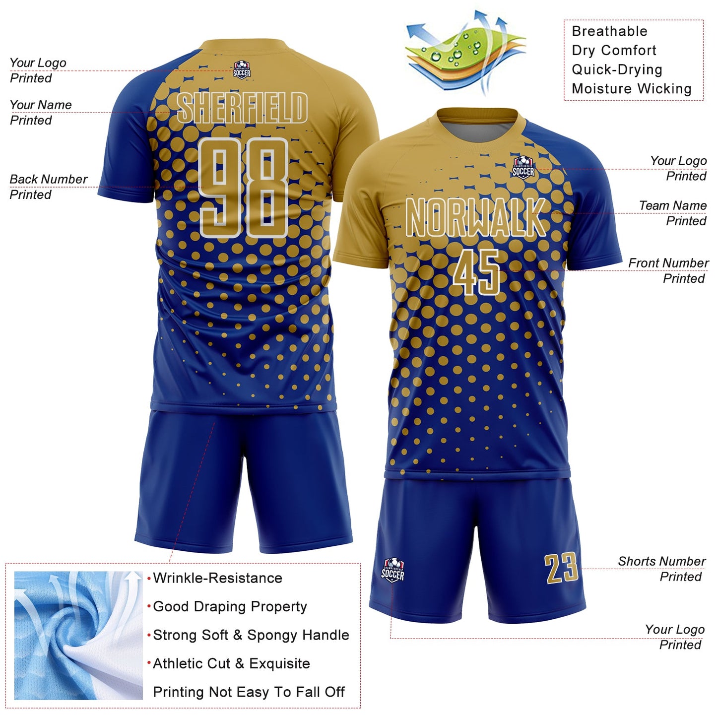 Custom Royal Old Gold-White Modern Polka Dot Sublimation Soccer Uniform Jersey view 4