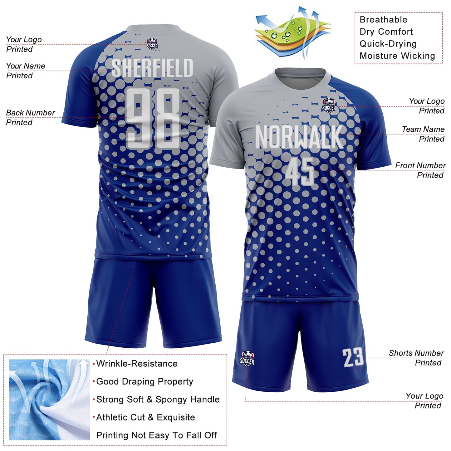 Custom Royal White-Gray Modern Polka Dot Sublimation Soccer Uniform Jersey view 4