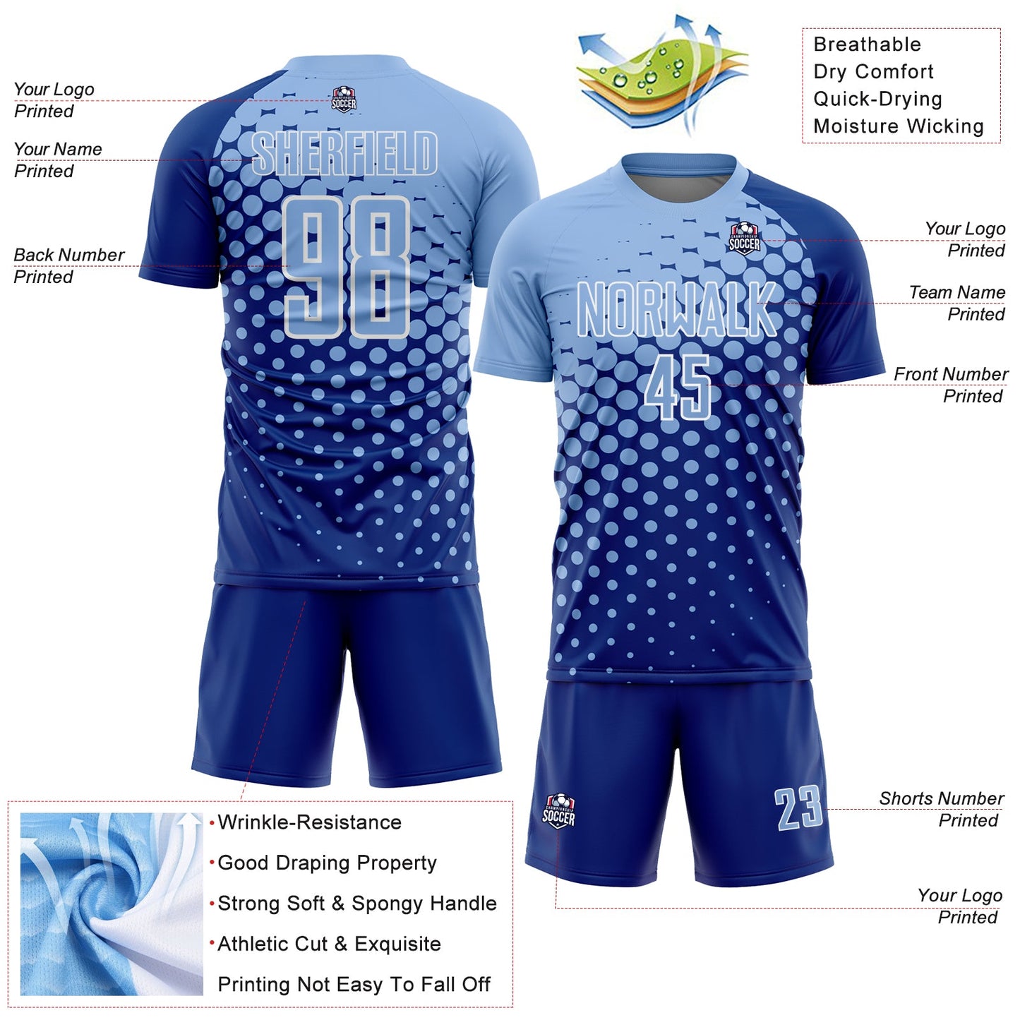 Custom Royal Light Blue-White Modern Polka Dot Sublimation Soccer Uniform Jersey view 4