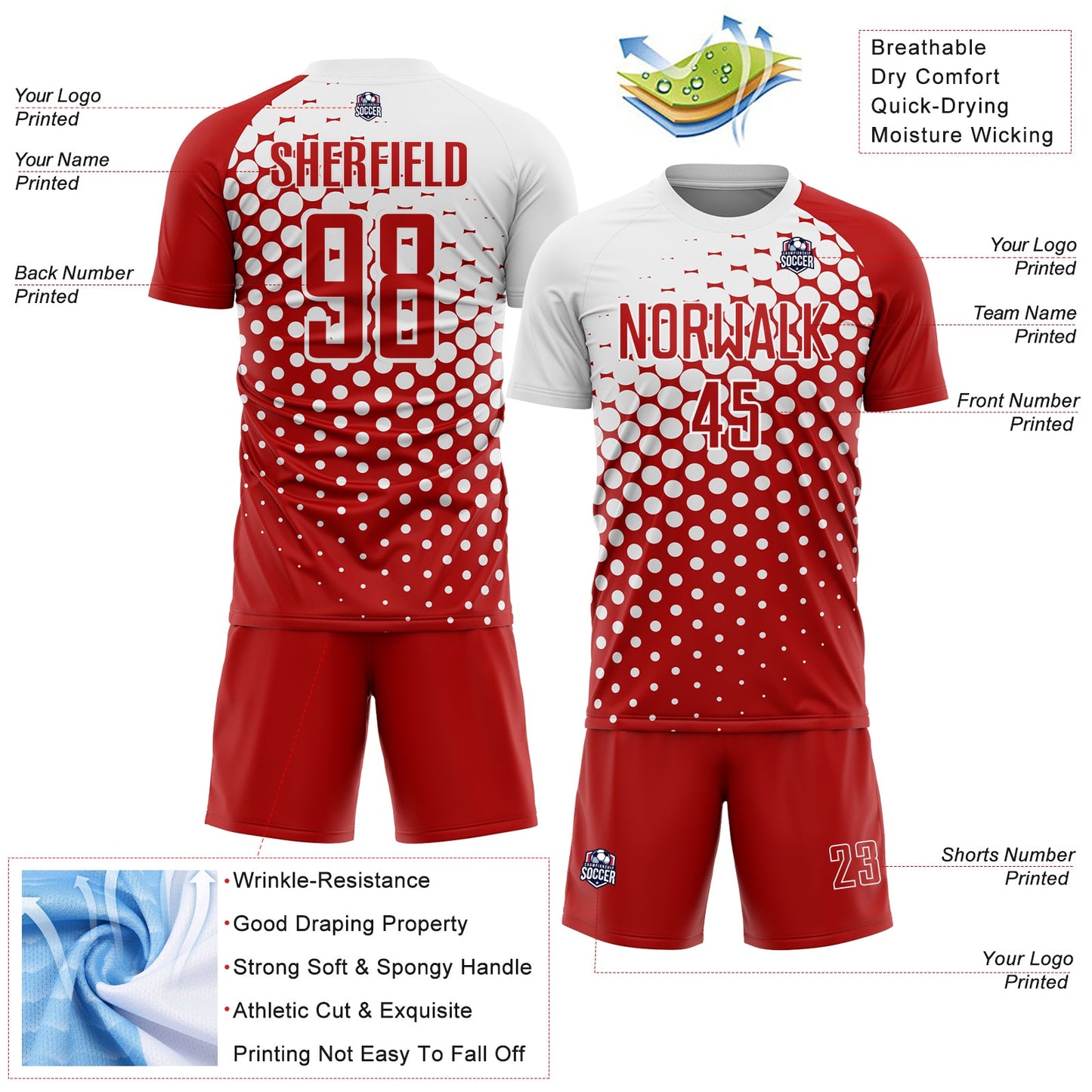Custom Red White Modern Polka Dot Sublimation Soccer Uniform Jersey view 4