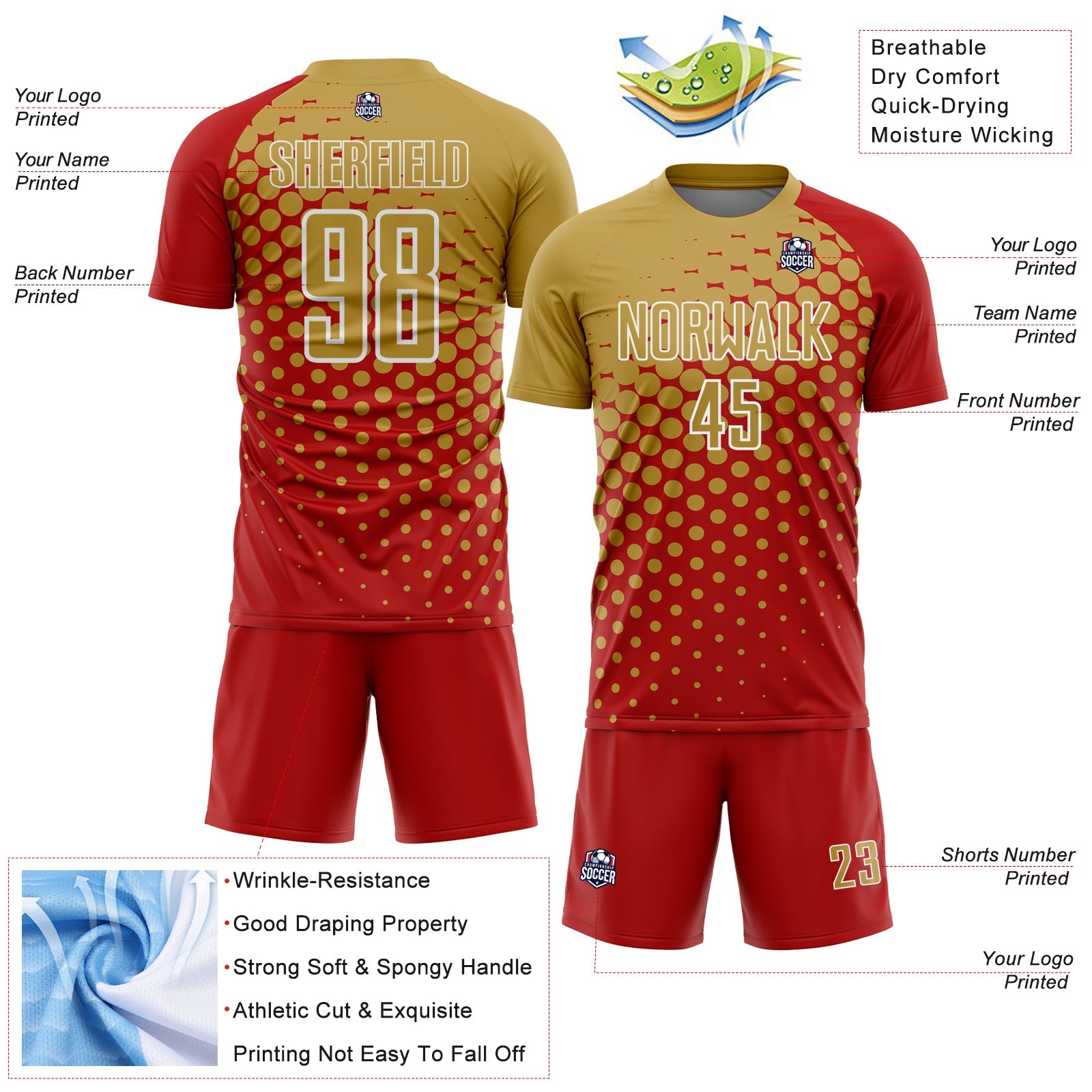 Custom Red Old Gold-White Modern Polka Dot Sublimation Soccer Uniform Jersey view 4