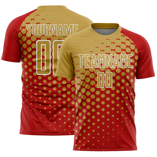 Custom Red Old Gold-White Modern Polka Dot Sublimation Soccer Uniform Jersey - Main View