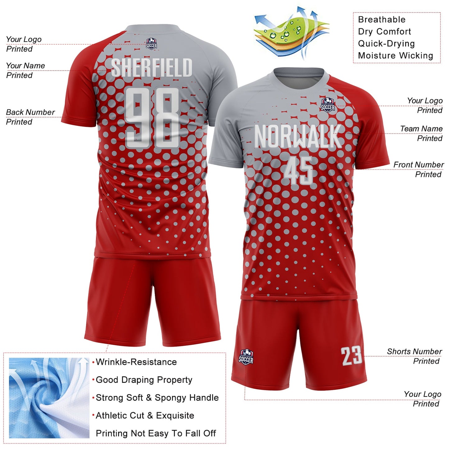 Custom Red White-Gray Modern Polka Dot Sublimation Soccer Uniform Jersey view 4
