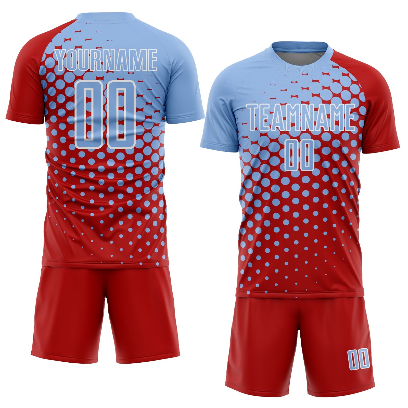 Custom Red Light Blue-White Modern Polka Dot Sublimation Soccer Uniform Jersey view 2
