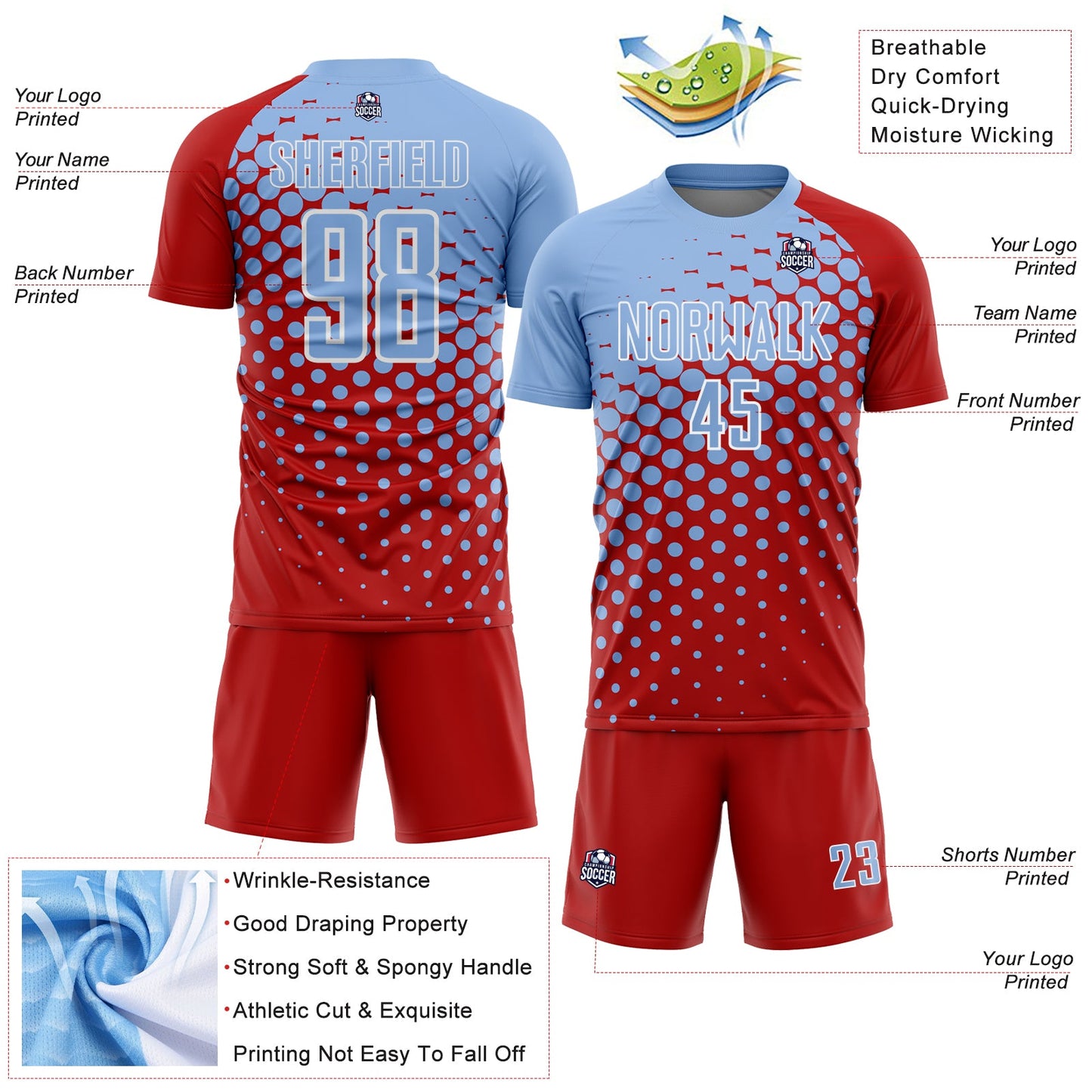 Custom Red Light Blue-White Modern Polka Dot Sublimation Soccer Uniform Jersey view 4