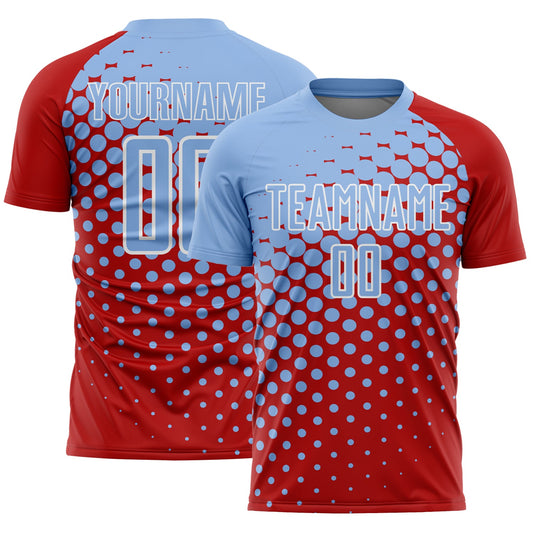 Custom Red Light Blue-White Modern Polka Dot Sublimation Soccer Uniform Jersey - Main View