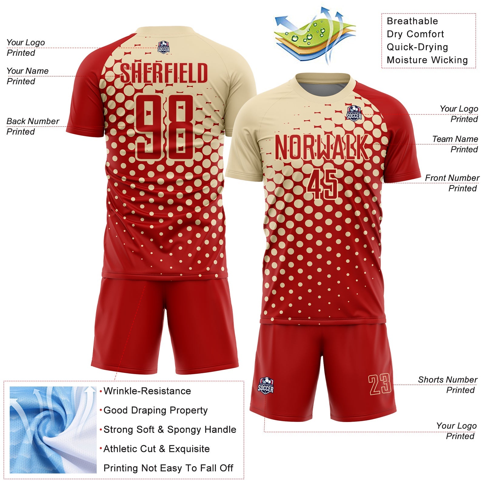 Custom Red Cream Modern Polka Dot Sublimation Soccer Uniform Jersey view 4