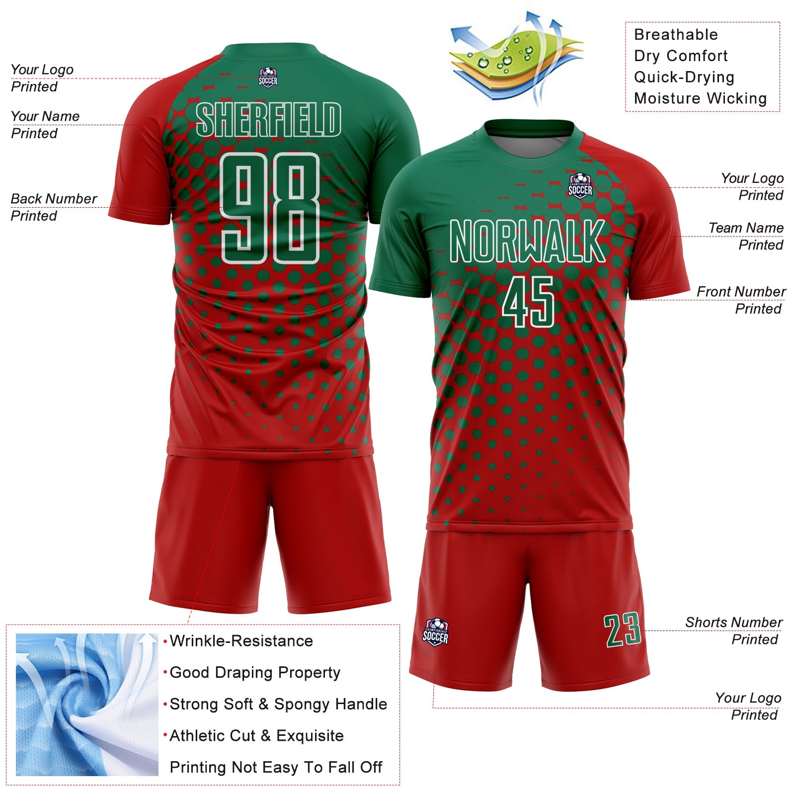 Custom Red Kelly Green-White Modern Polka Dot Sublimation Soccer Uniform Jersey view 4
