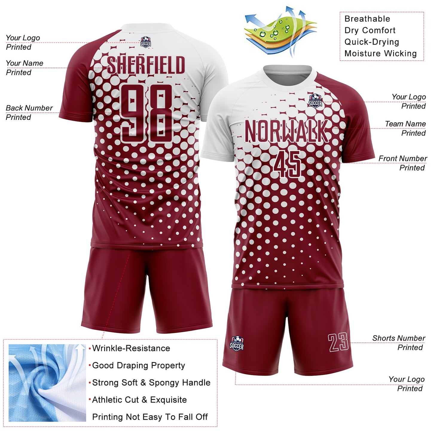 Custom Crimson White Modern Polka Dot Sublimation Soccer Uniform Jersey view 4