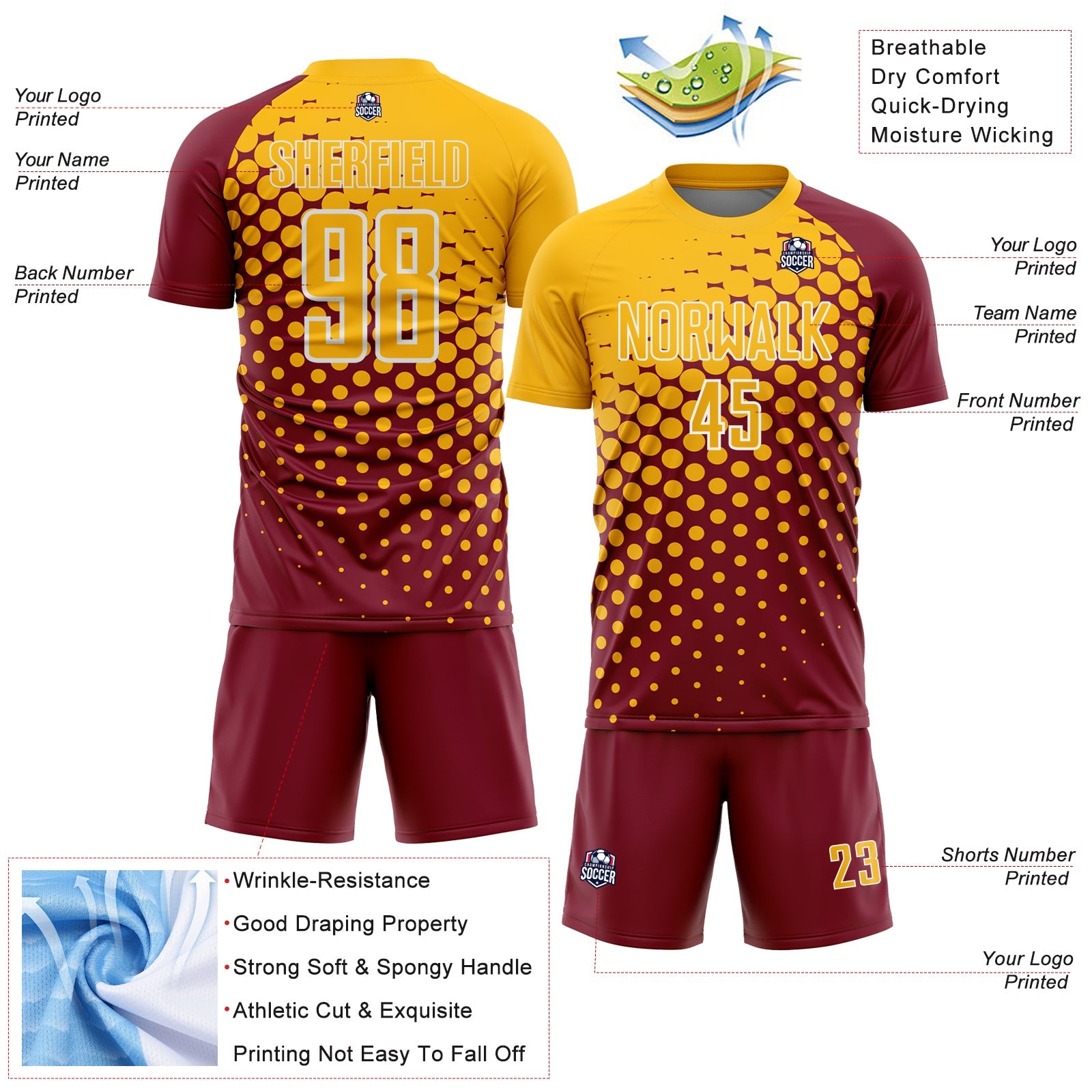 Custom Crimson Gold-White Modern Polka Dot Sublimation Soccer Uniform Jersey view 4