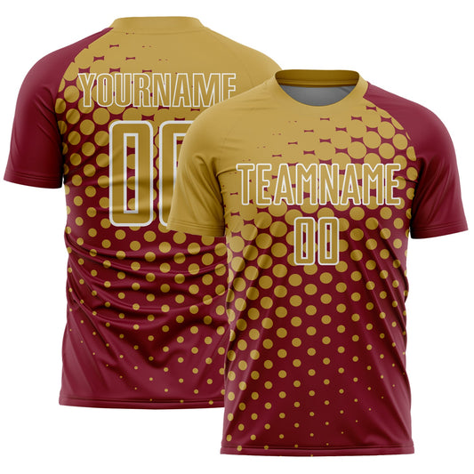 Custom Crimson Old Gold-White Modern Polka Dot Sublimation Soccer Uniform Jersey - Main View