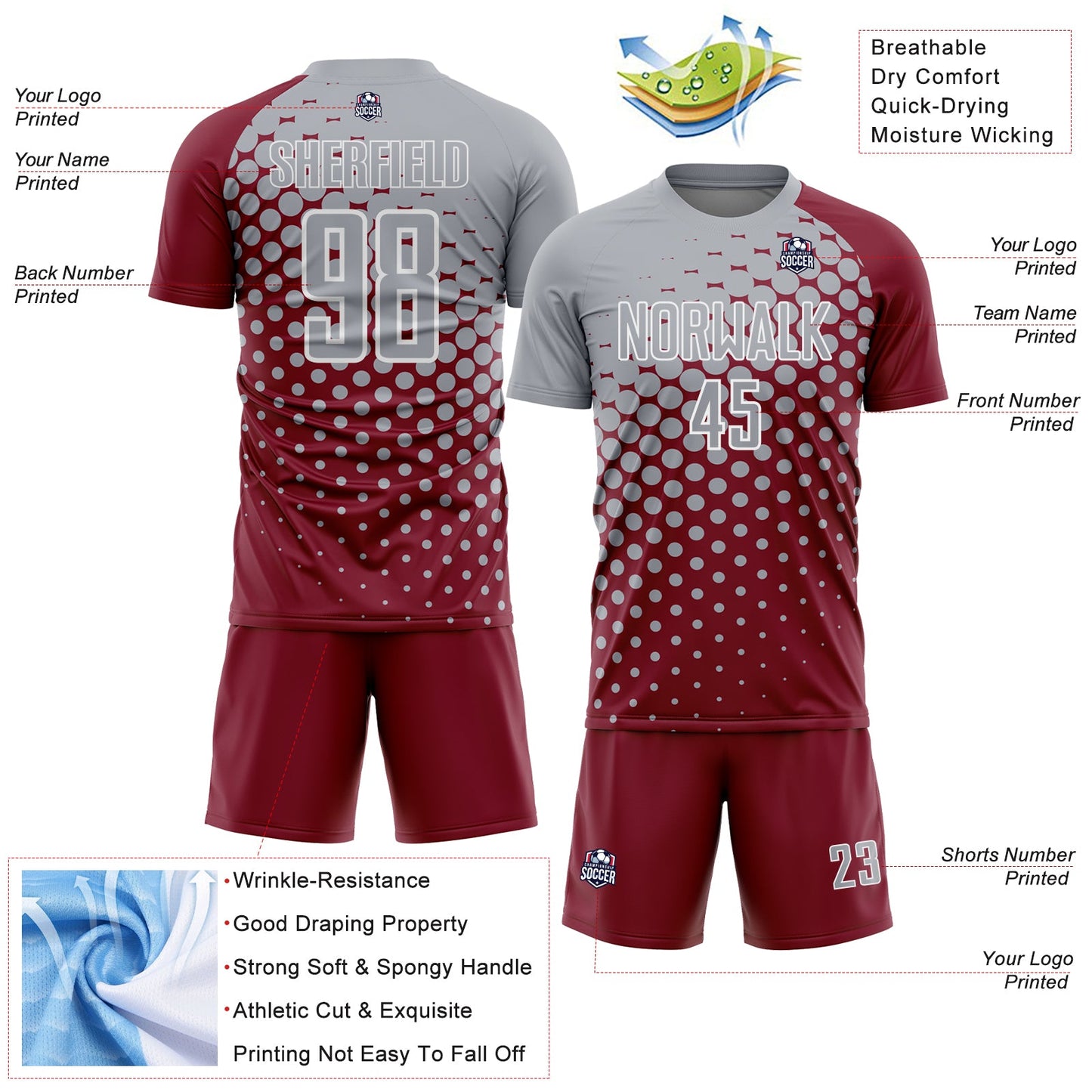 Custom Crimson Gray-White Modern Polka Dot Sublimation Soccer Uniform Jersey view 4