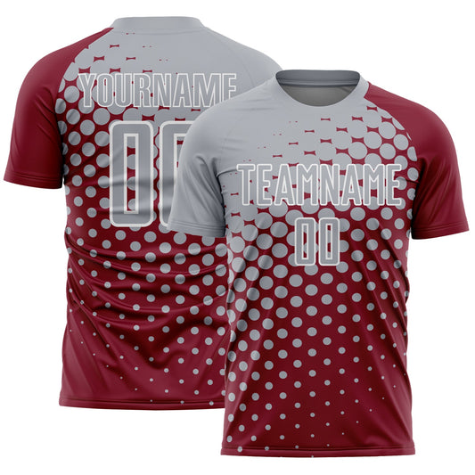 Custom Crimson Gray-White Modern Polka Dot Sublimation Soccer Uniform Jersey - Main View