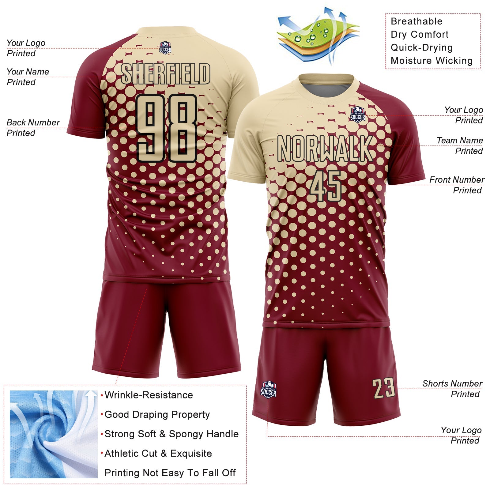 Custom Crimson Cream-Black Modern Polka Dot Sublimation Soccer Uniform Jersey view 4