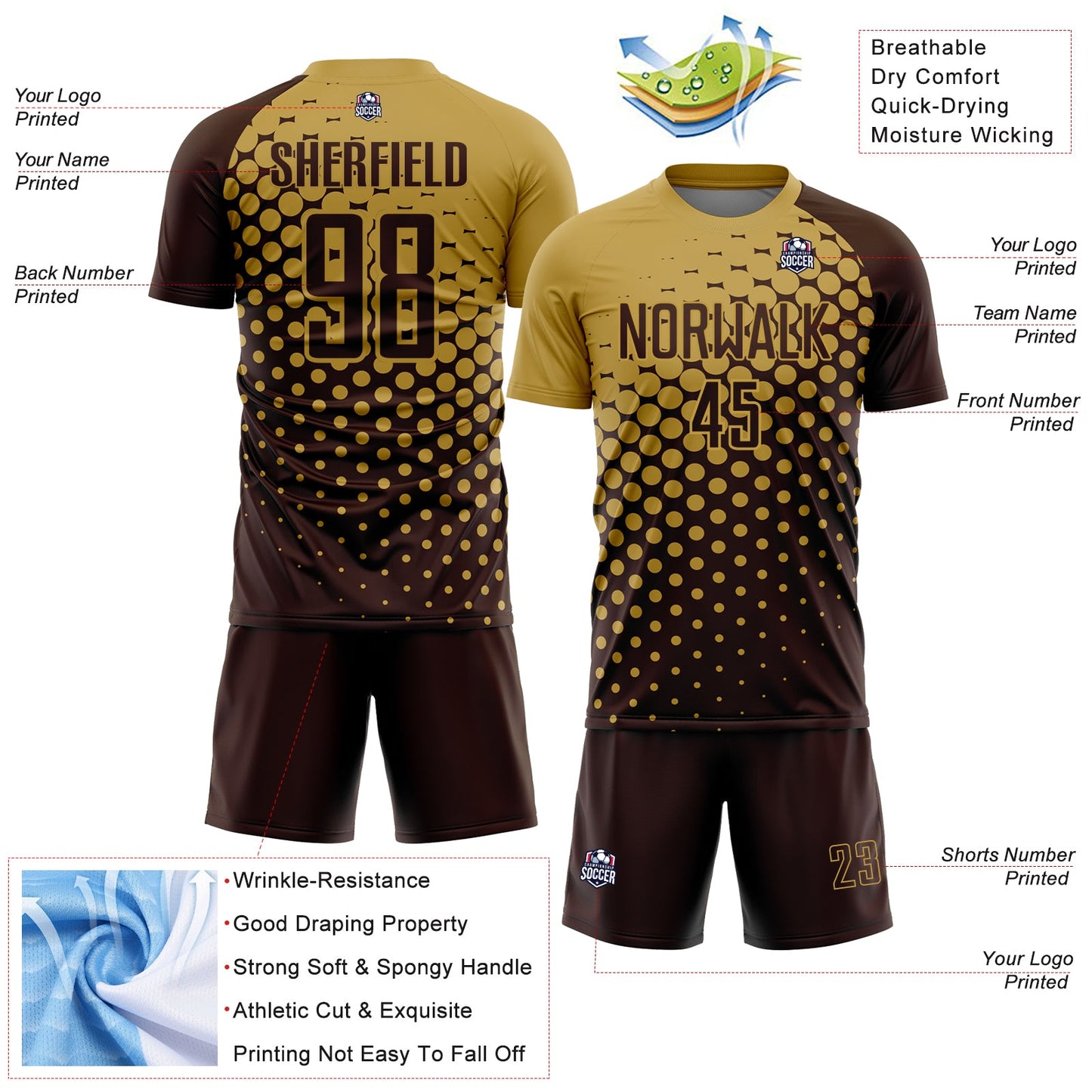 Custom Brown Old Gold Modern Polka Dot Sublimation Soccer Uniform Jersey view 4