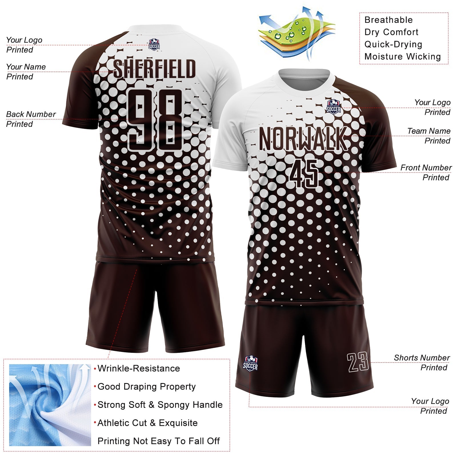 Custom Brown White Modern Polka Dot Sublimation Soccer Uniform Jersey view 4