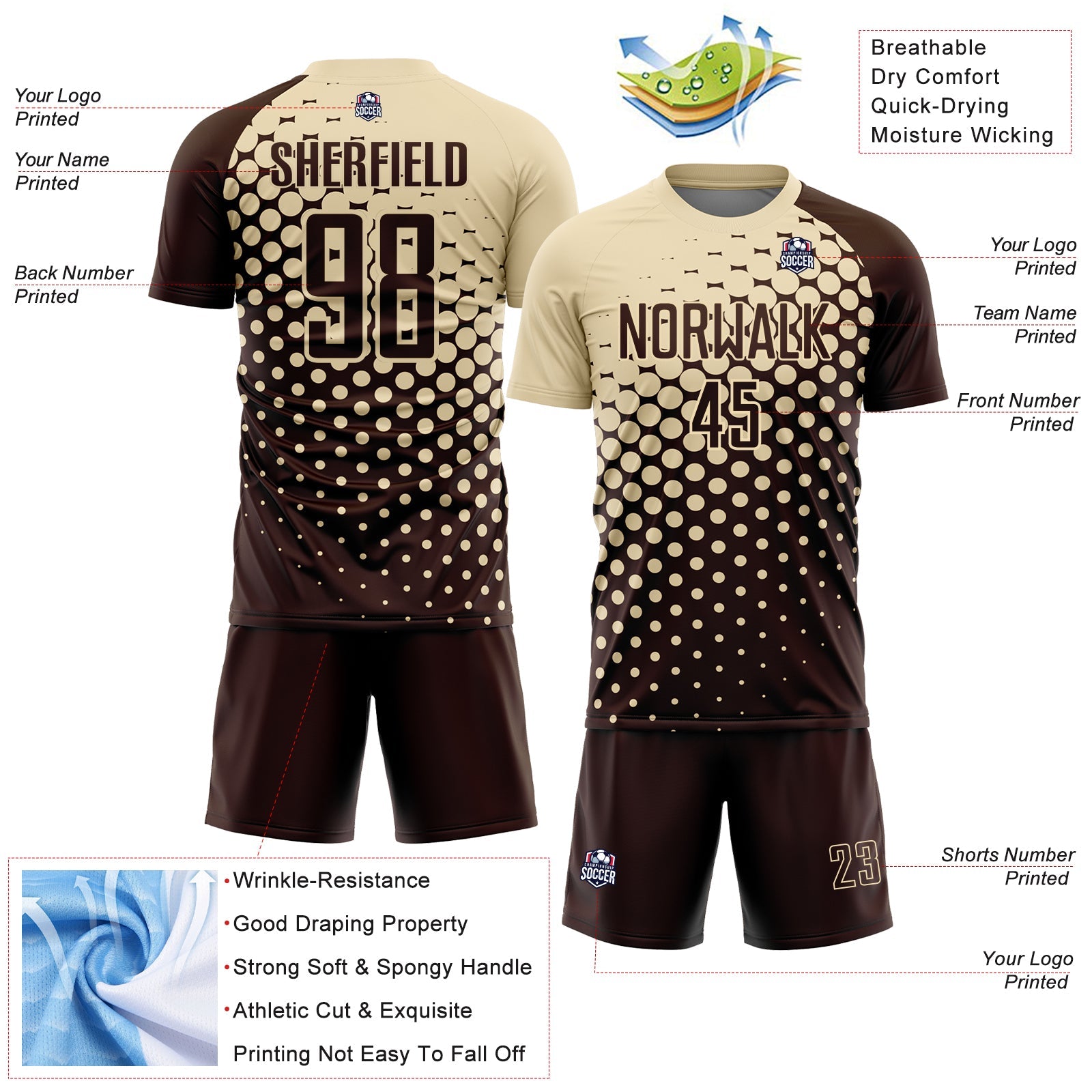 Custom Brown Cream Modern Polka Dot Sublimation Soccer Uniform Jersey view 4