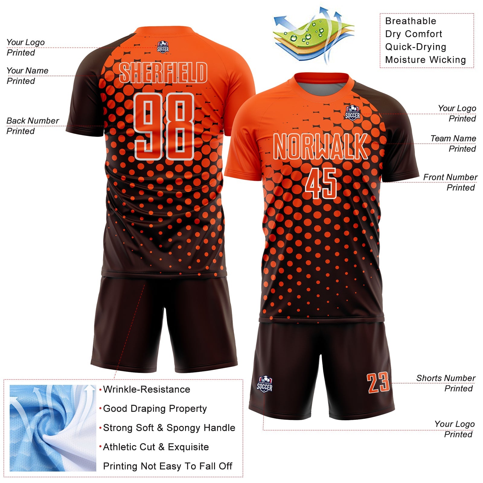 Custom Brown Orange-White Modern Polka Dot Sublimation Soccer Uniform Jersey view 4