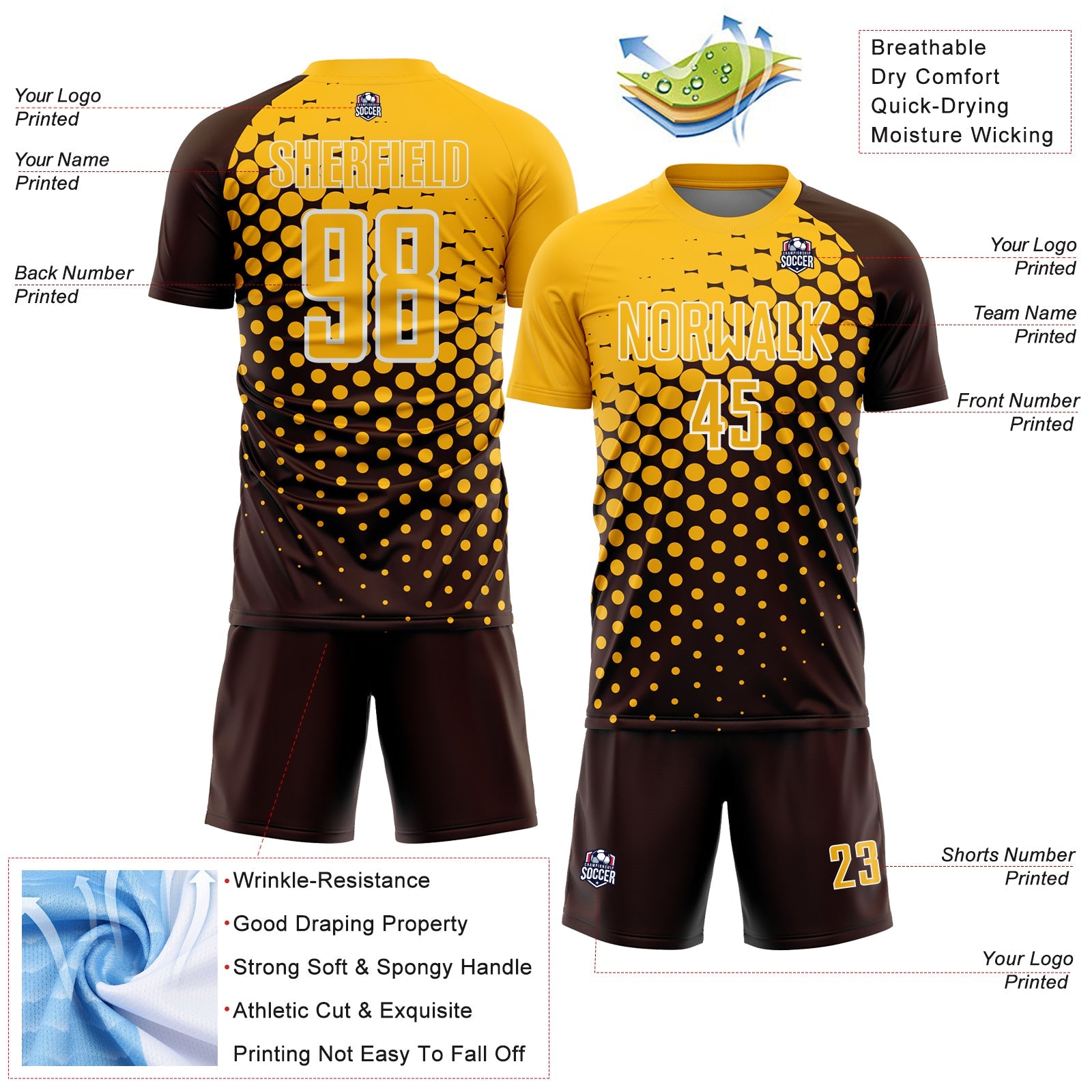 Custom Brown Gold-White Modern Polka Dot Sublimation Soccer Uniform Jersey view 4