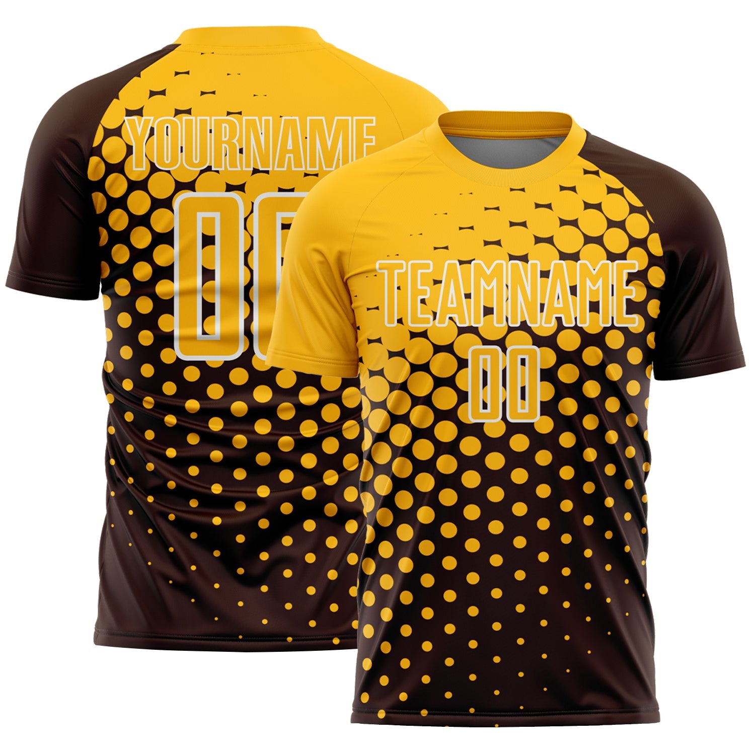 Custom Brown Gold-White Modern Polka Dot Sublimation Soccer Uniform Jersey - Main View