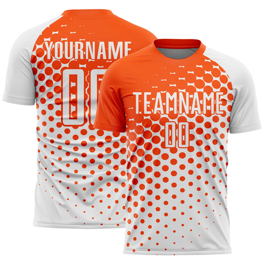 Custom White Orange Modern Polka Dot Sublimation Soccer Uniform Jersey - Main View