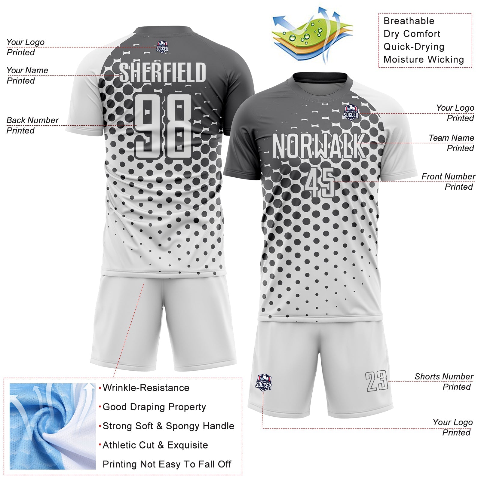 Custom White Steel Gray Modern Polka Dot Sublimation Soccer Uniform Jersey view 4