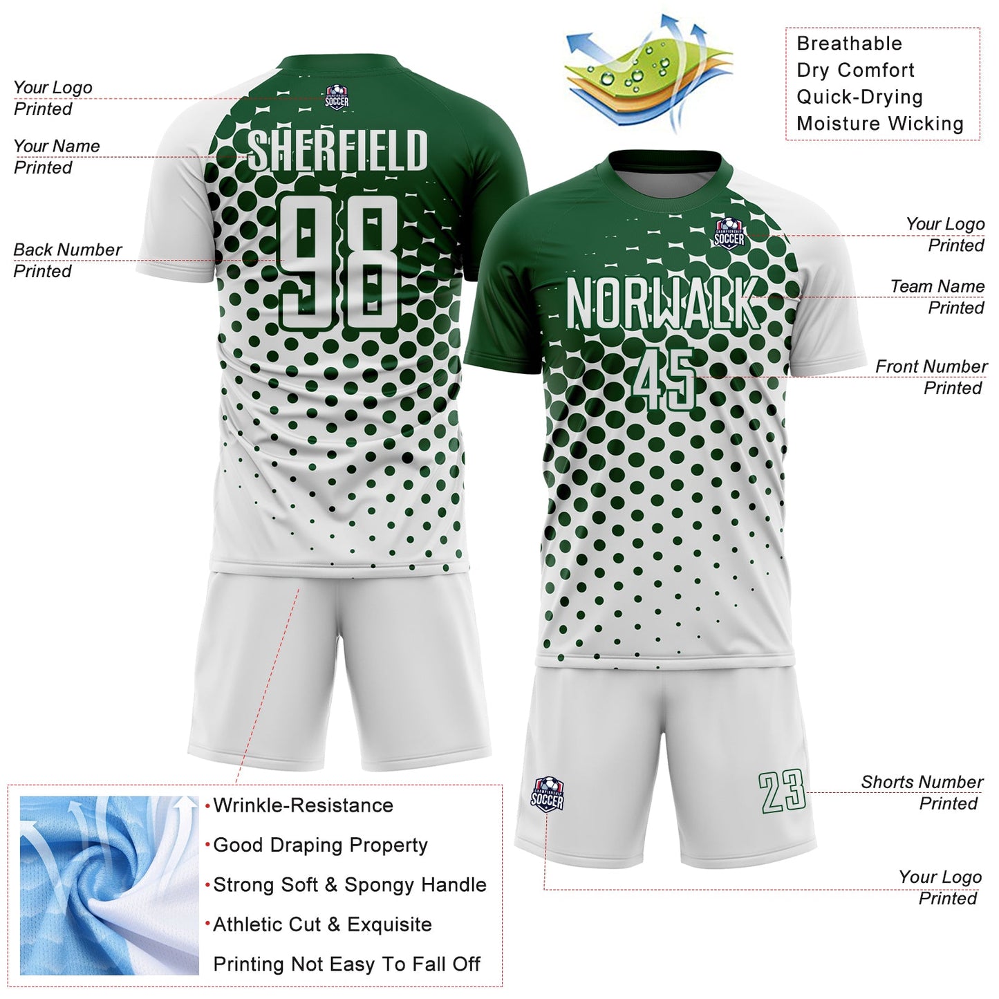 Custom White Green Modern Polka Dot Sublimation Soccer Uniform Jersey view 4