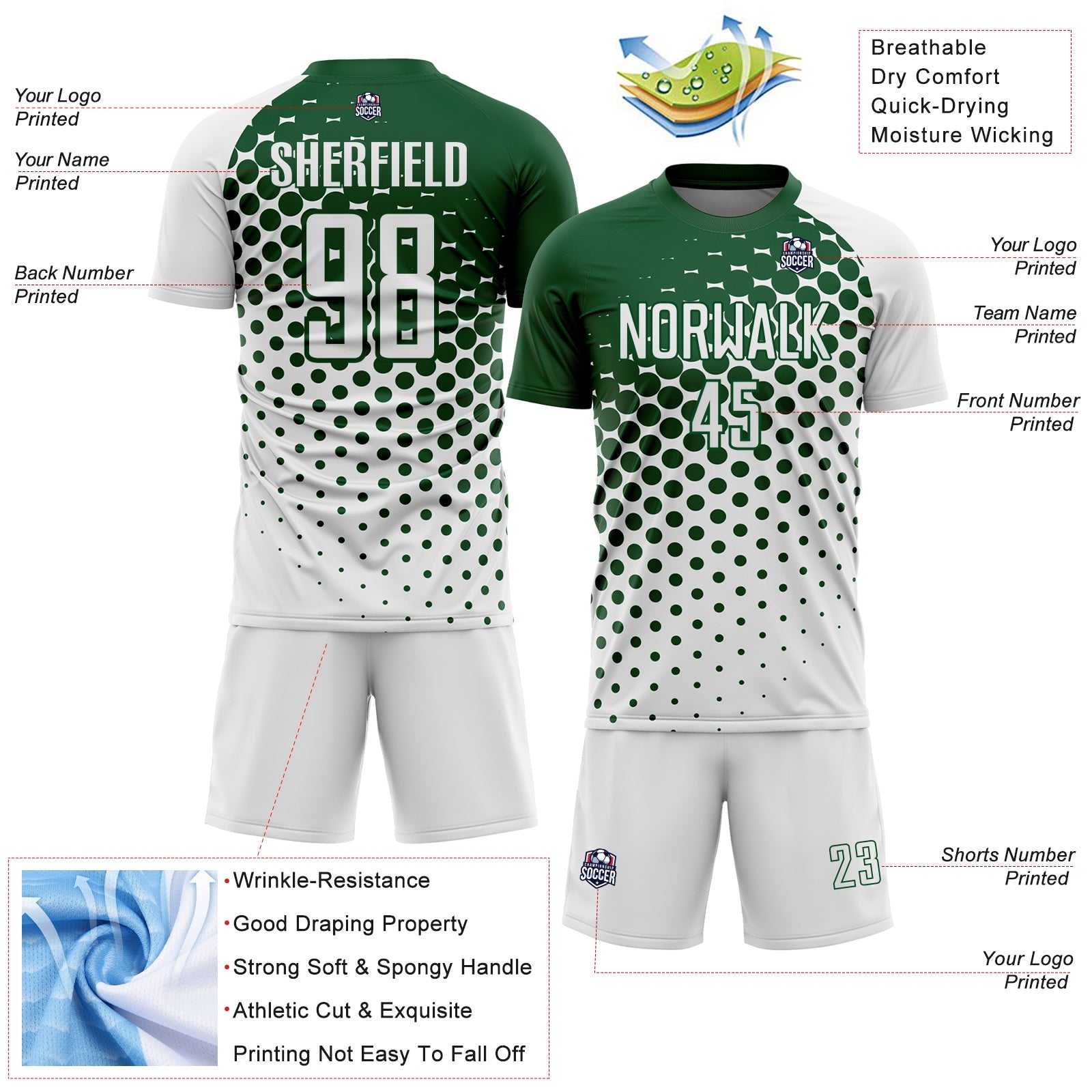 Custom White Green Modern Polka Dot Sublimation Soccer Uniform Jersey view 4