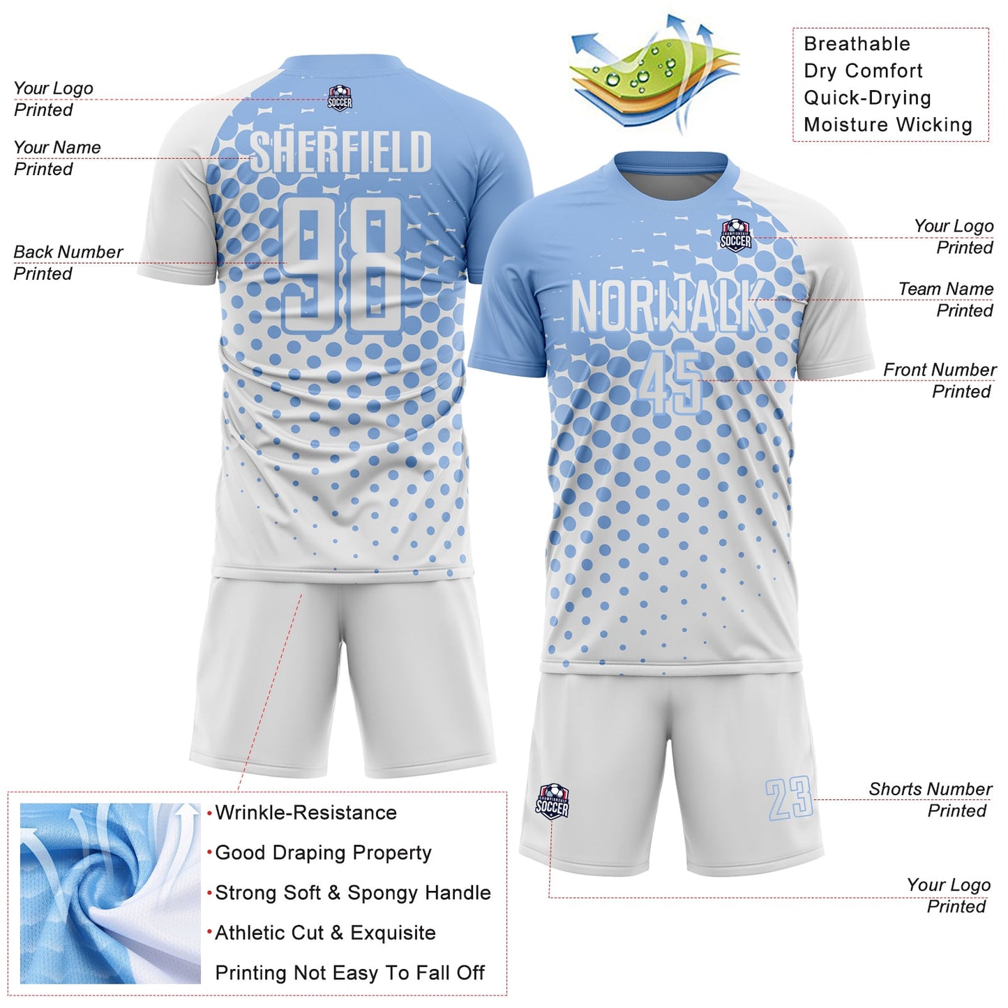 Custom White Light Blue Modern Polka Dot Sublimation Soccer Uniform Jersey view 4