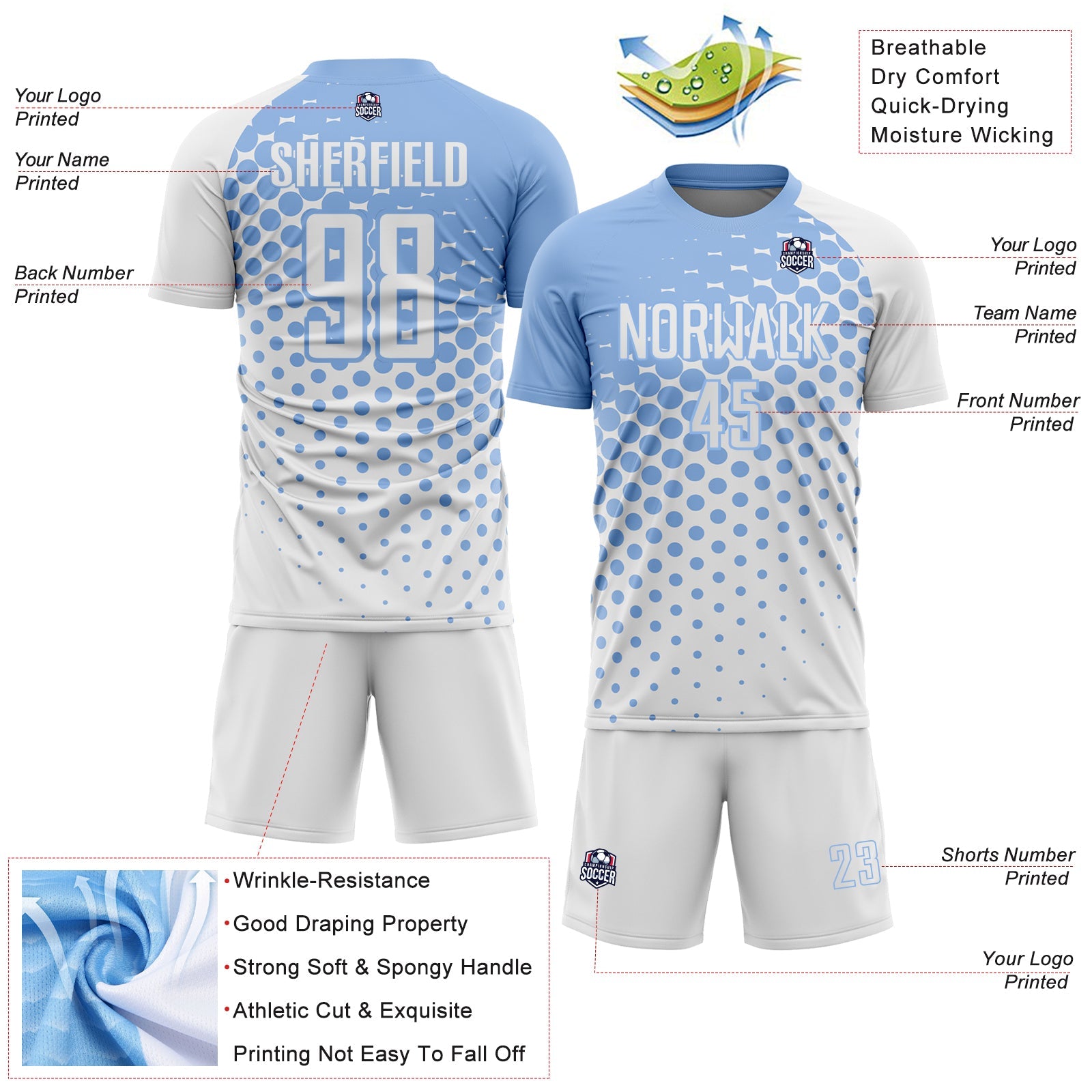 Custom White Light Blue Modern Polka Dot Sublimation Soccer Uniform Jersey view 4