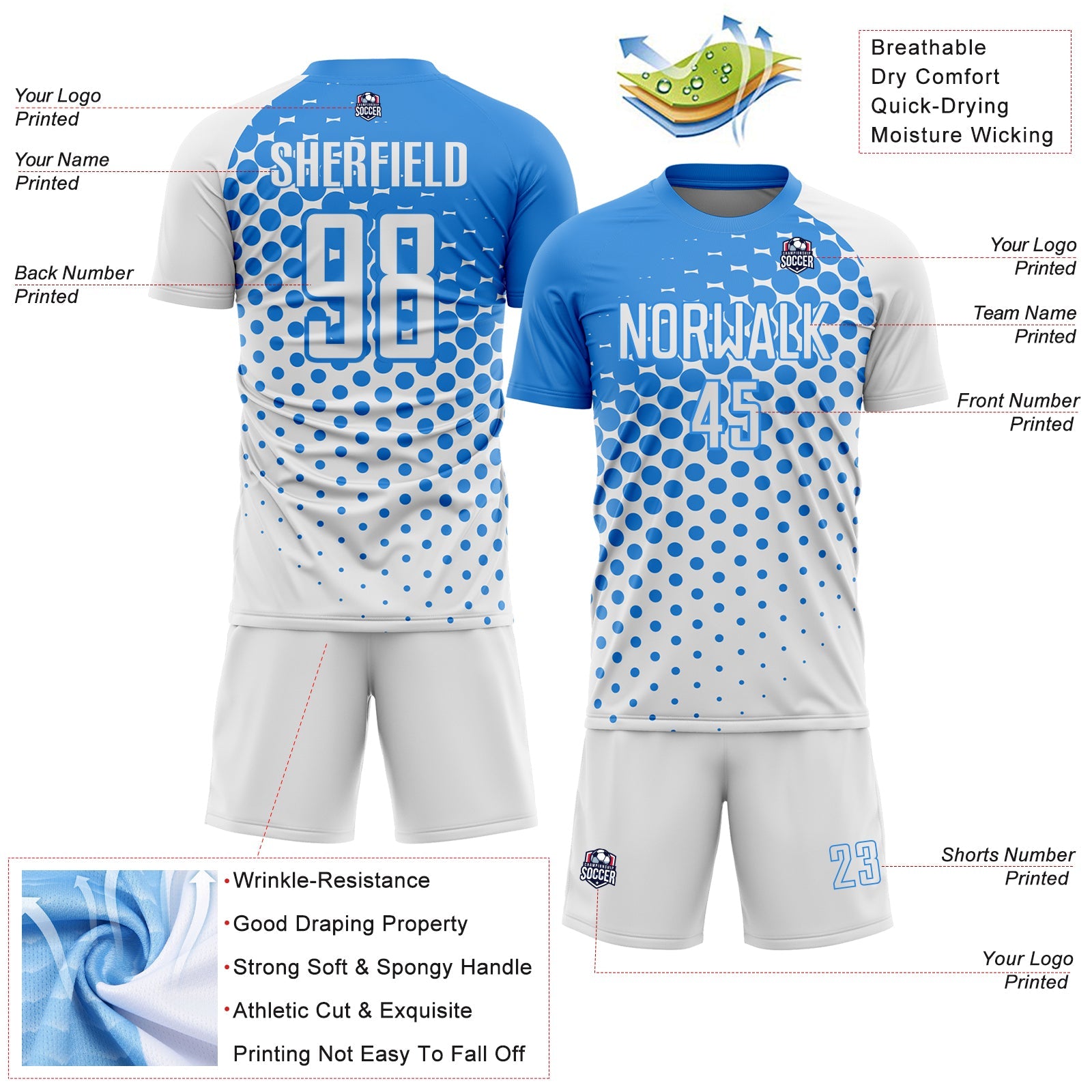Custom White Powder Blue Modern Polka Dot Sublimation Soccer Uniform Jersey view 4