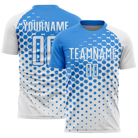 Custom White Powder Blue Modern Polka Dot Sublimation Soccer Uniform Jersey - Main View