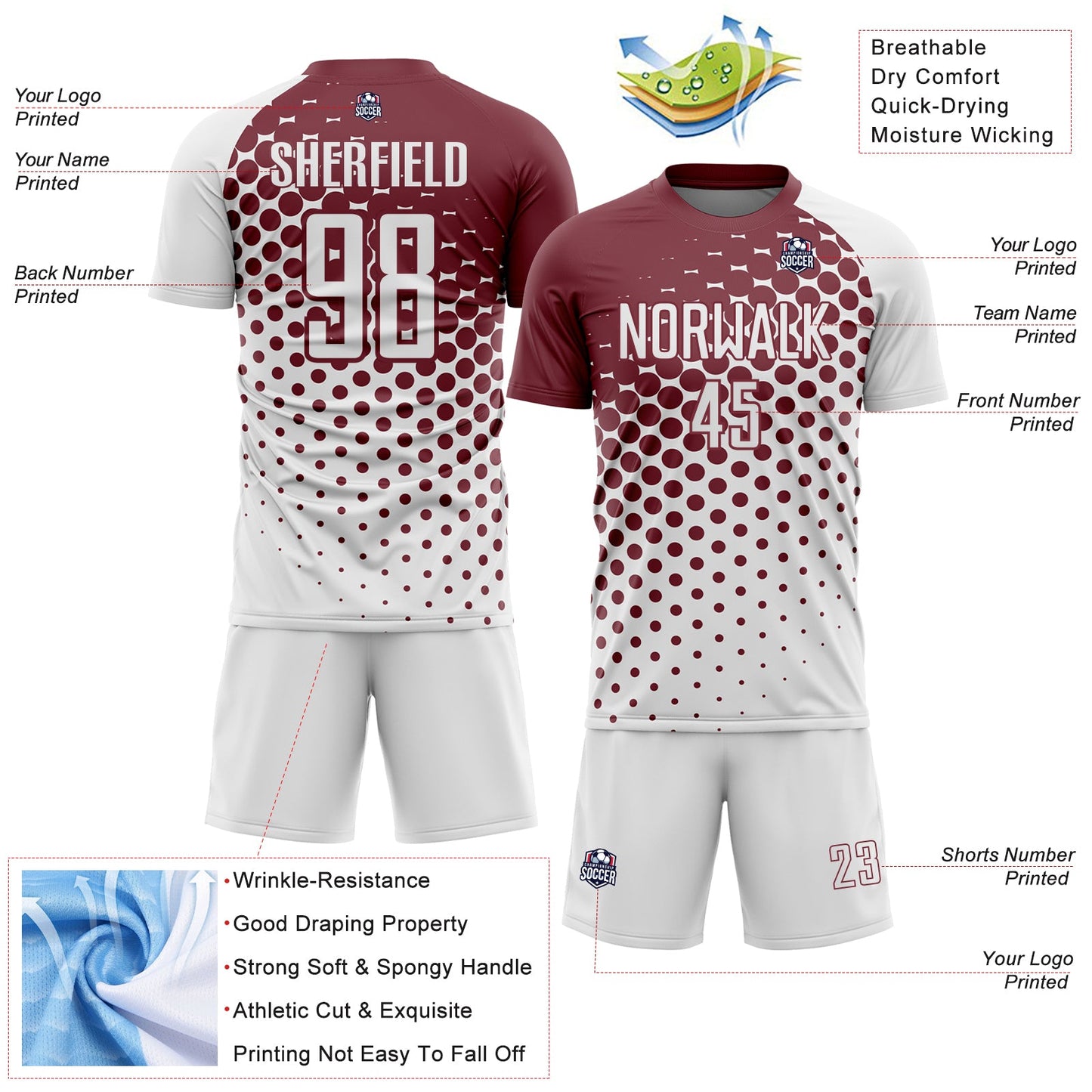 Custom White Burgundy Modern Polka Dot Sublimation Soccer Uniform Jersey view 4