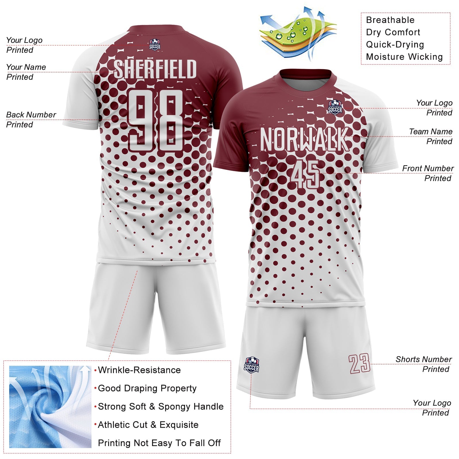 Custom White Burgundy Modern Polka Dot Sublimation Soccer Uniform Jersey view 4