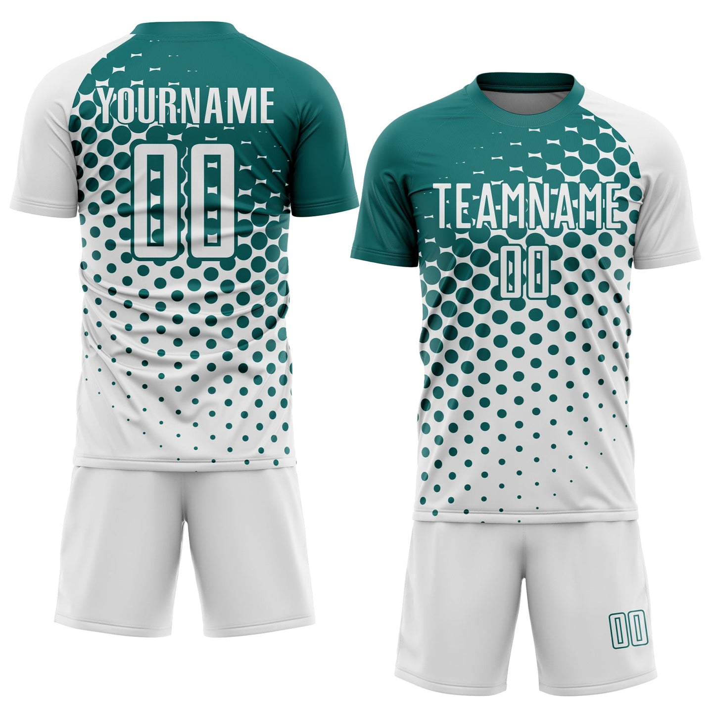 Custom White Teal Modern Polka Dot Sublimation Soccer Uniform Jersey view 2