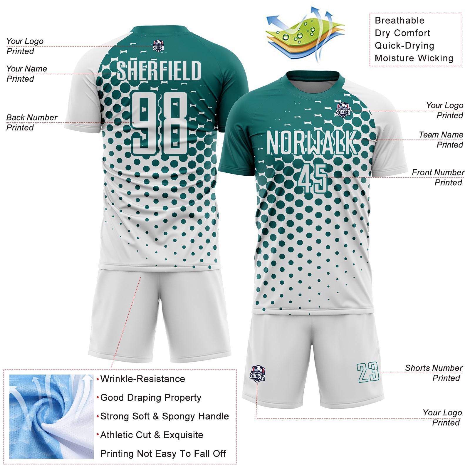 Custom White Teal Modern Polka Dot Sublimation Soccer Uniform Jersey view 4