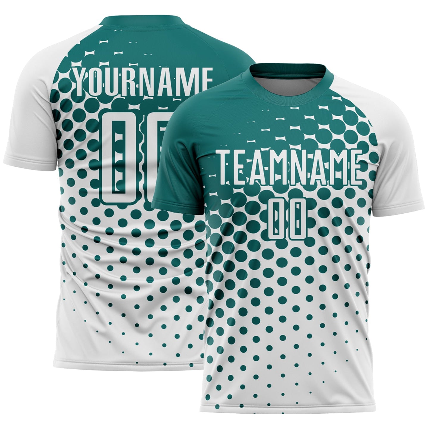 Custom White Teal Modern Polka Dot Sublimation Soccer Uniform Jersey - Main View