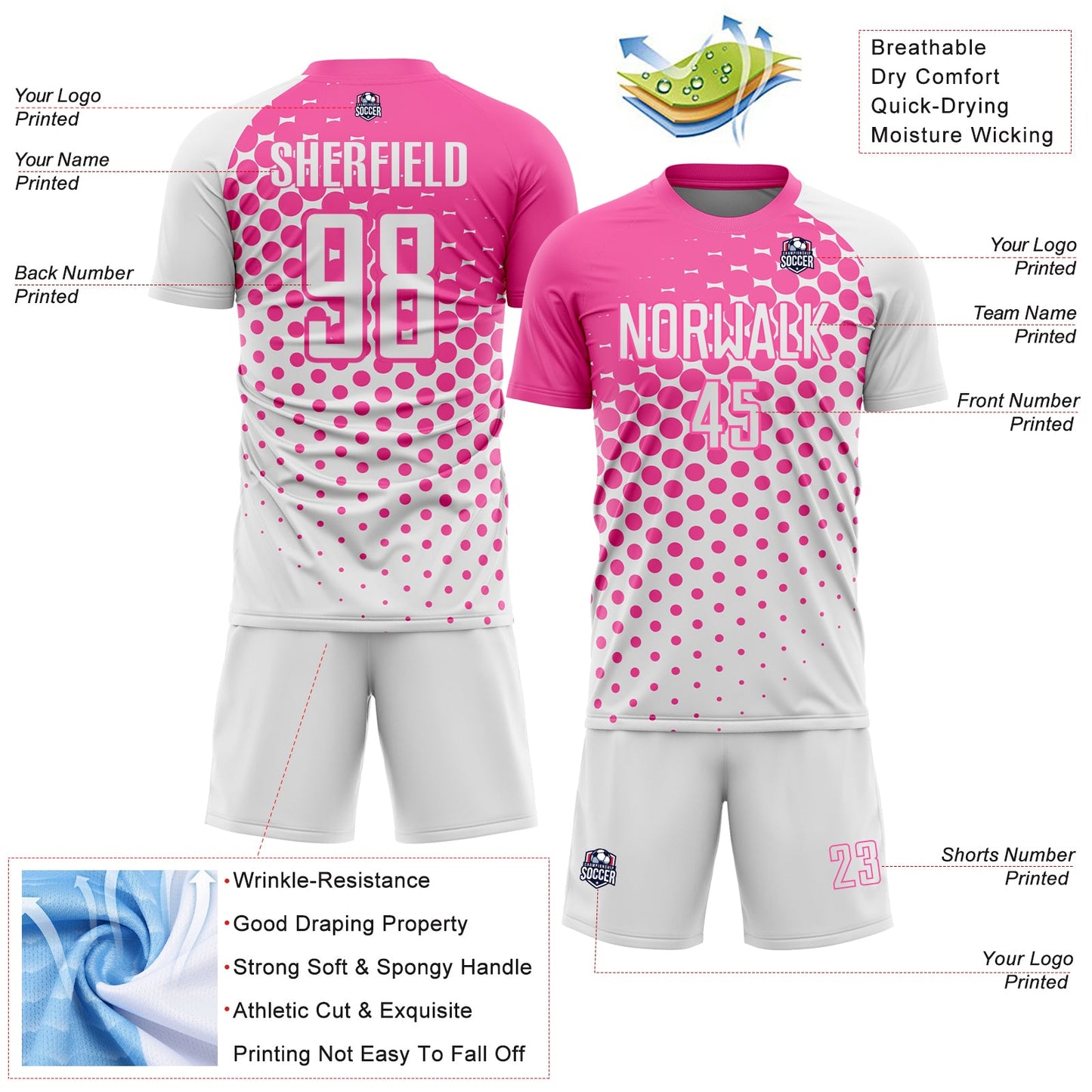 Custom White Pink Modern Polka Dot Sublimation Soccer Uniform Jersey view 4