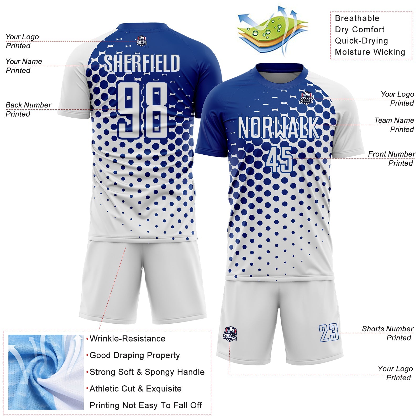 Custom White Royal Modern Polka Dot Sublimation Soccer Uniform Jersey view 4