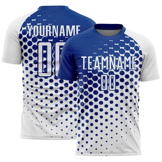 Custom White Royal Modern Polka Dot Sublimation Soccer Uniform Jersey - Main View