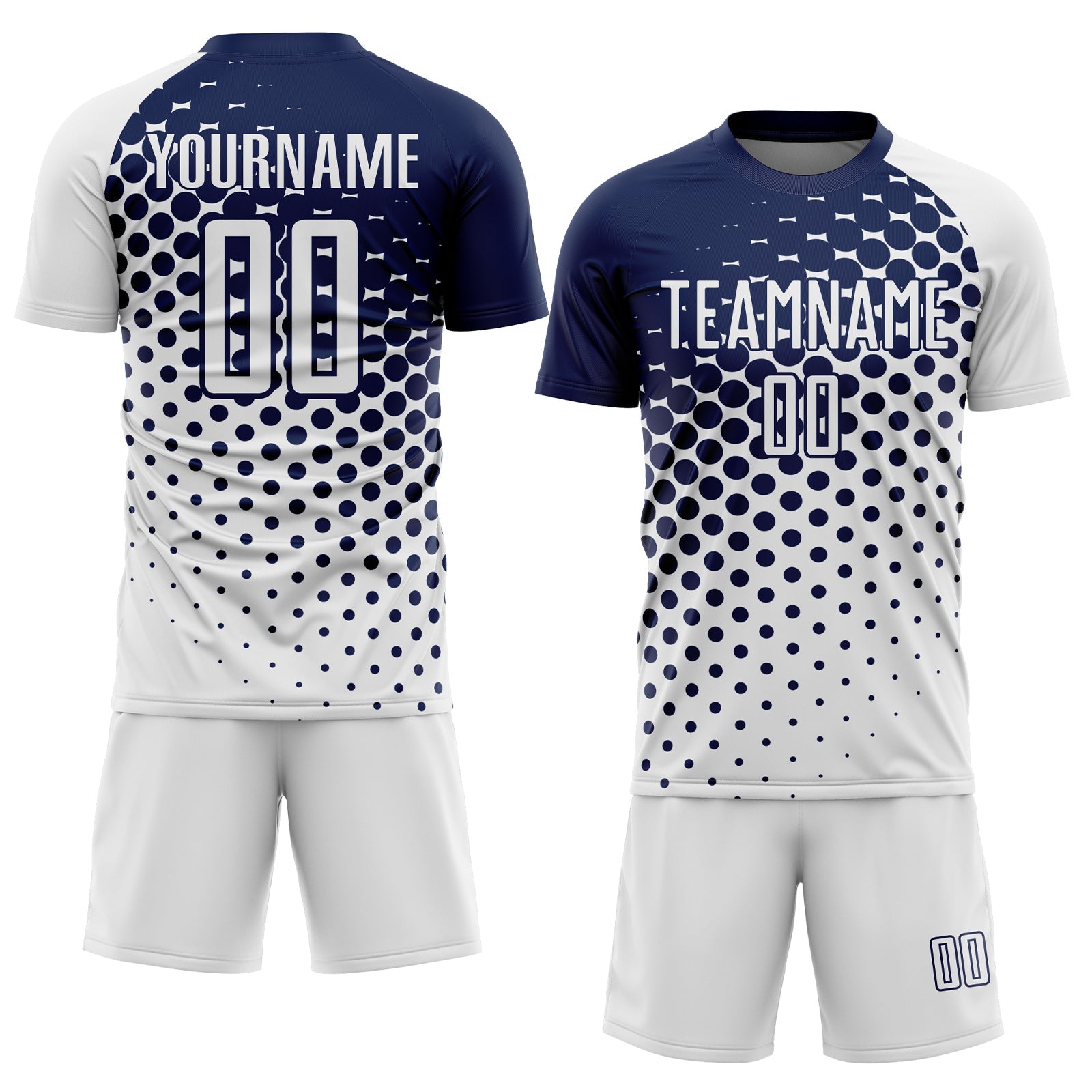 Custom White Navy Modern Polka Dot Sublimation Soccer Uniform Jersey view 2